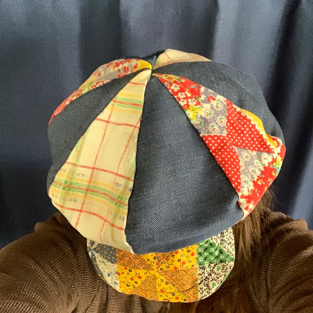 Vintage retro handmade quilt work patchwork denim hat tam paperboy beret painter